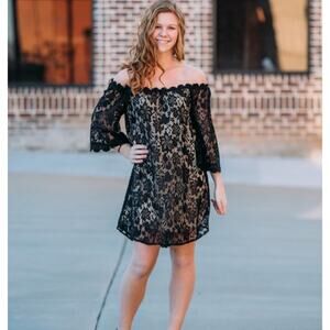 Umgee Black Lace Off Shoulder Mini Dress Boho Indie Floral Bohemian Vacation